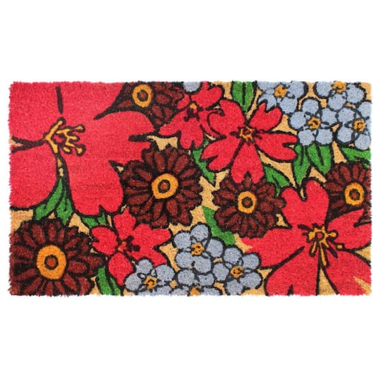 RugSmith Red Hibiscus Machine Tufted Coir Doormat